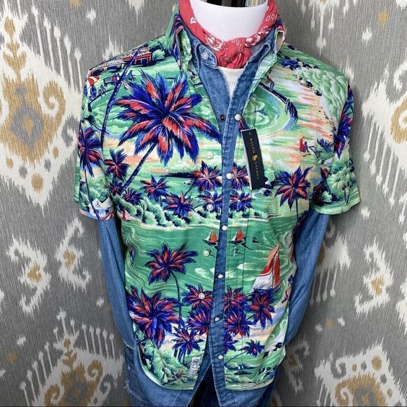 Polo Ralph Lauren Green Multi Hawaiian Custom Fit Oxford Shirt - Picture 1 of 17